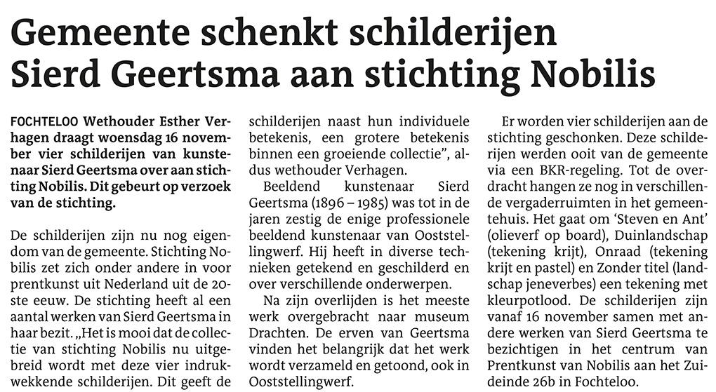 Gemeente schenkt schilderijen Sierd Geertsma aan stichting Nobilis