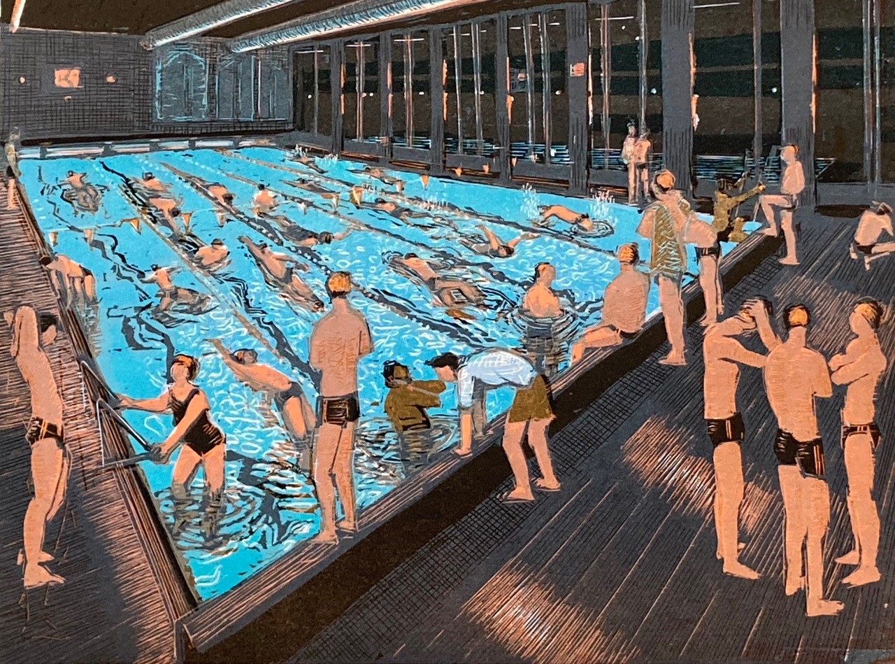 Wendelien Schönfeld, Zwemclub, houtsnede, 300 x 400 mm